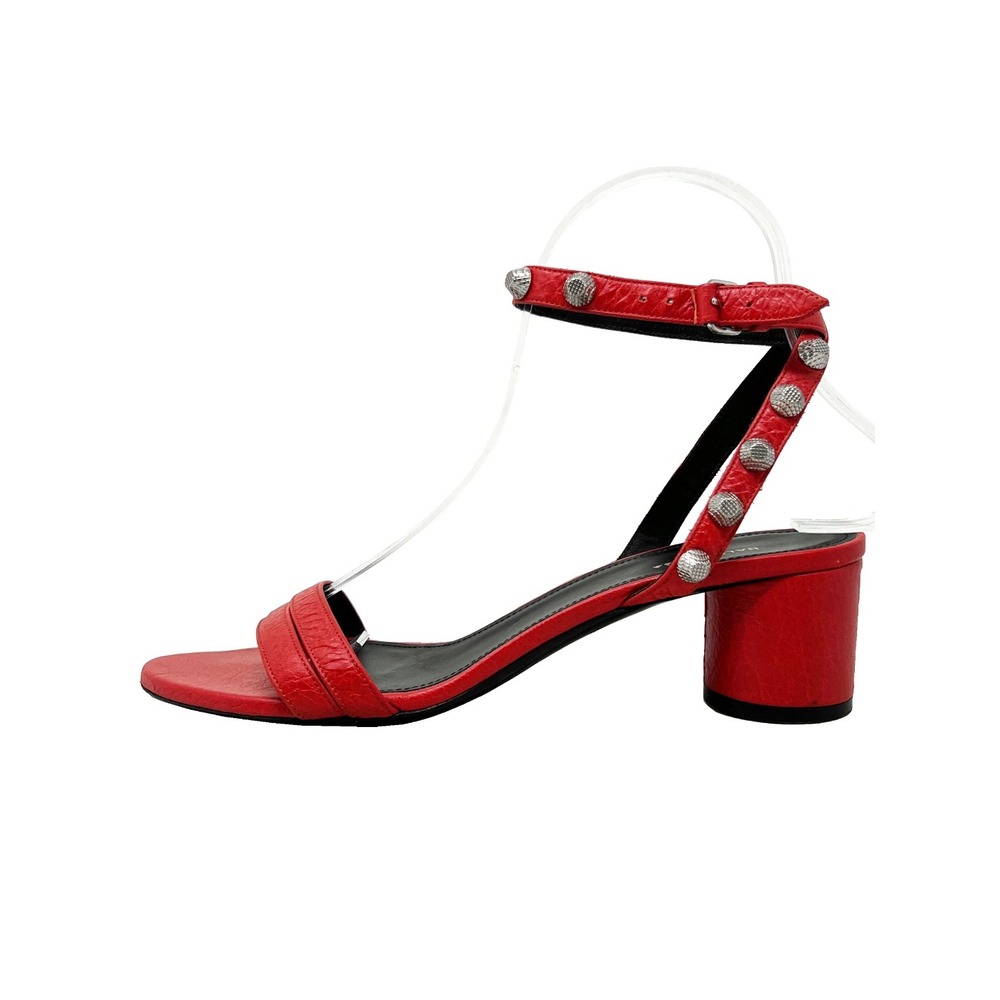 Balenciaga Red‎ Leather Studded Sandals Silver Heel Shoes 37